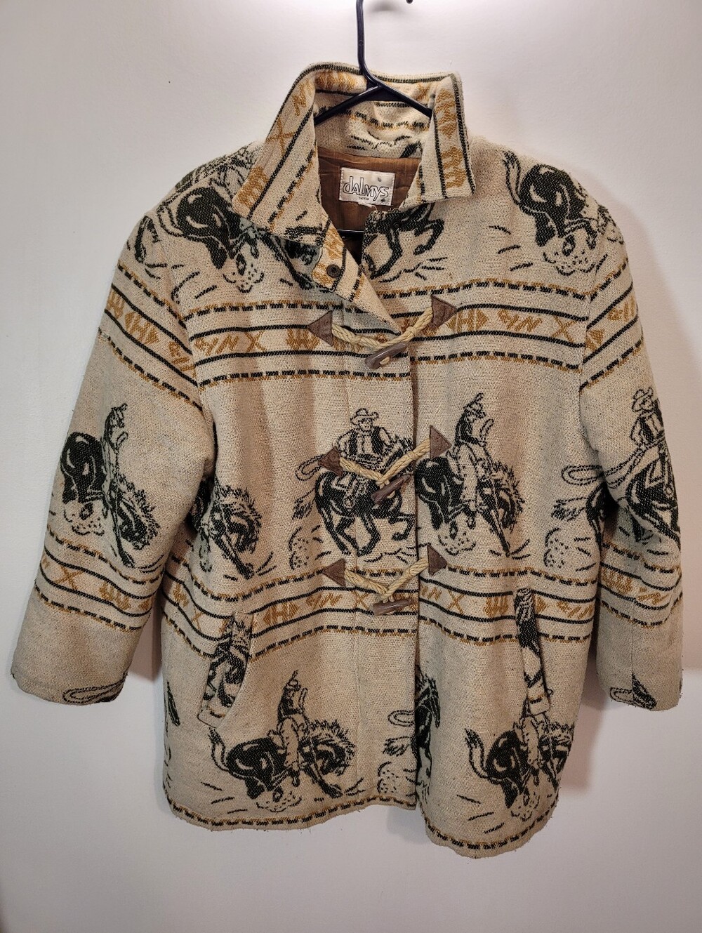 Vintage Dalmys Rodeo Cowboy Beige Green Coat Wool Blend Jacket - Size S